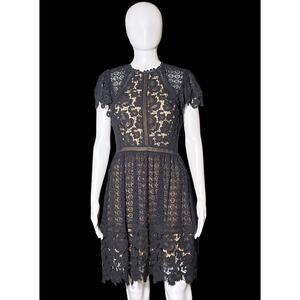 Y2K Rebecca Taylor Black & Nude Eyelet Lace Pattern Knee-Length Dress Size 2 NWT